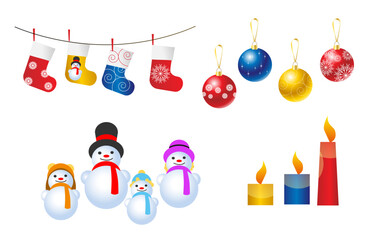 Christmas vector set of elements. Christmas tree balls snowmen candles and gift socks. 