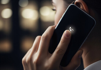 Close-up of a woman on a phone call with glowing screen icon