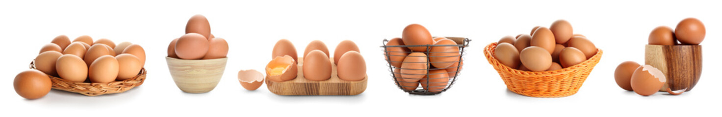 Set of raw chicken eggs on white background