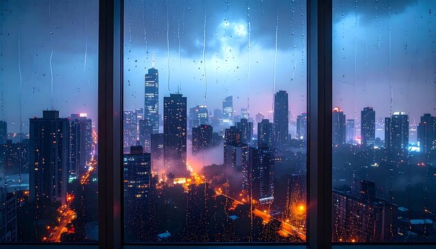 City skyline at night through a rainy window, with buildings glowing