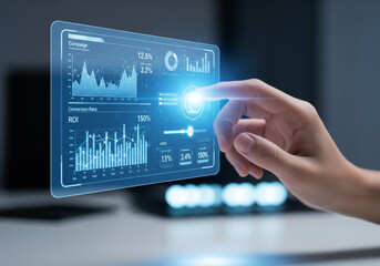 Futuristic transparent display showing interactive business data insights