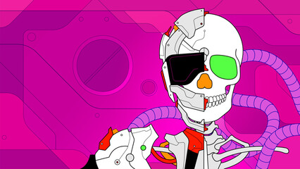 Cyberpunk skeletal figure wearing cyber mask and suit abstract fantasy illustration