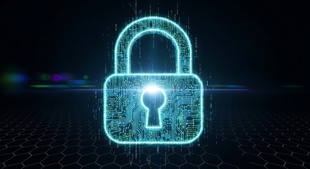 Futuristic Glowing Neon Digital Padlock for Cyber Security Concept
