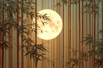 Illuminated Full Moon and Bamboo Silhouettes - Serene Night Scene, Artistic Composition.
