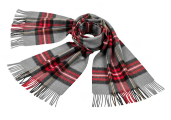 A grey and red plaid scarf with fringe isolated on transparent background