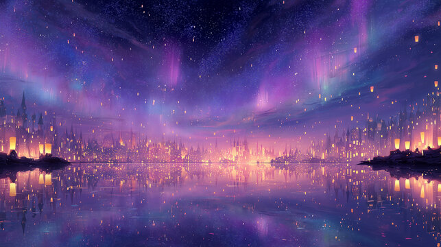 A majestic divine night sky filled with shimmering stars and soft purple gradients features a beautiful aurora flowing across the heavens above a dreamy fairy-tale inspired cityscape painted