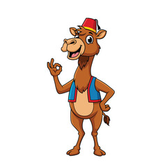 Cartoon Camel Wearing Fez Hat and Vest Gesturing Okay Sign