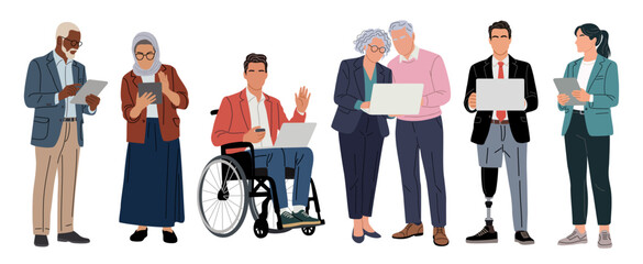 Diverse business people using laptops and tablets, including seniors, a woman in hijab, a wheelchair user, and a man with a prosthetic leg. Modern flat vector illustration on transparent background