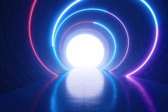 Abstract Neon Tunnel with Bright Circular Lights and Reflective Floor