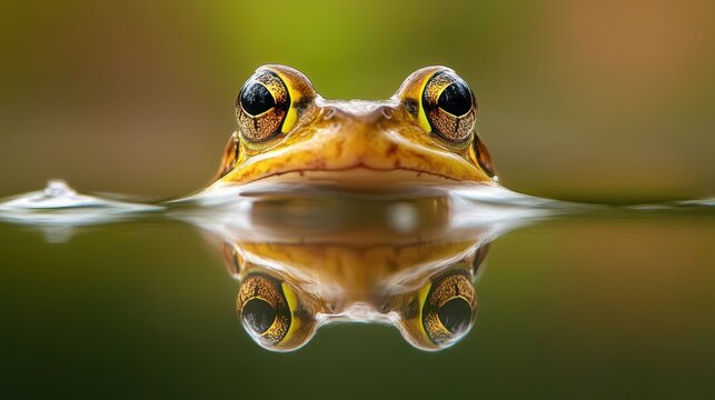 Intense frog stares from calm water, reflecting wildlife in nature's tranquility