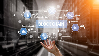 A digital representation of blockchain technology featuring a hand gesture overlaid with icons for cryptography, security, and tokenization in a modern network system. Tessel