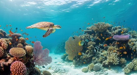Sea turtle swimming over a vibrant coral reef among colorful fish in clear blue ocean water during a bright sunny day