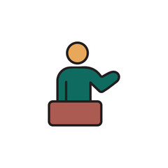 Color line icon showing a person speaking at a podium, representing presentation, public speaking, communication, and training concepts. Perfect for business, education, leadership, coaching visuals.