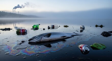 Obraz premium Dead fish, plastic bottles, cans, slick float in polluted water near smoking industrial chimneys