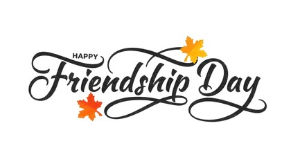 Elegant happy friendship day calligraphy with decorative leaves on white