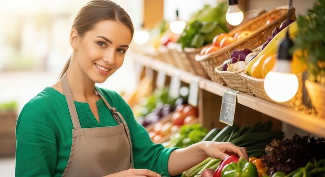 Young woman smiling touching fresh vegetables in grocery store produce section - Powered by Adobe