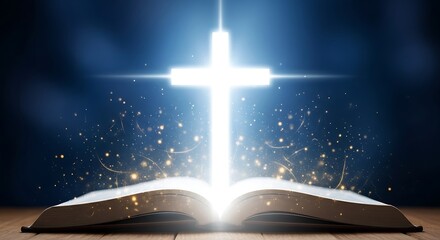 Divine light cross emerging from an open bible, symbolizing spiritual enlightenment, faith, and heavenly guidance with glowing particles on a blue background.