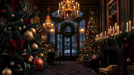 Fototapeta premium An elegantly decorated vintage living room with glowing Christmas trees and a warm fireplace creating a magical holiday ambiance at night