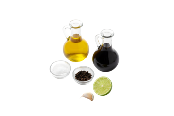 To whip up a perfect vinaigrette, you'll need olive oil, balsamic vinegar, salt, pepper, garlic, and lime on a white background.
