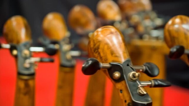 Focus on the wooden tuning pegs and details of a stringed instrument with a red backdrop