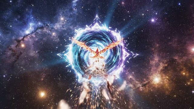 Fiery bird rising abstract digital art with cosmic background