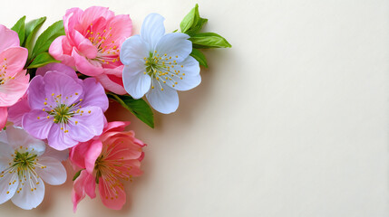 Fototapeta premium Light Pastel Background with Delicate Spring Flowers at Edges