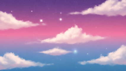 Vibrant gradient sky with soft clouds and subtle twinkling lights, creating a serene and ethereal dreamscape at dusk or dawn, perfect for background imagery and peaceful design elements
