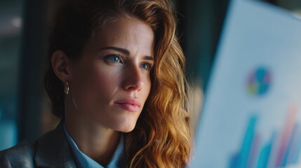 Focused Young Woman with Red Hair Analyzing Data in Office Setting