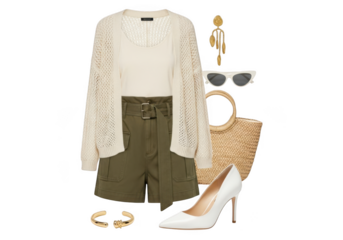 Chic summer outfit with cream crochet cardigan, olive green shorts, straw bag, and white heels isolated on transparent background