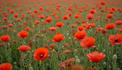 Red poppies in a poppies field. Remembrance or armistice day
