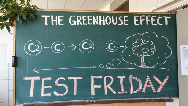 Greenhouse effect lesson displayed on a school chalkboard test friday