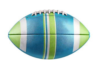 A vibrant blue and green football isolated on a stark black background