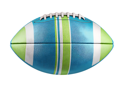 A vibrant blue and green football isolated on a stark black background