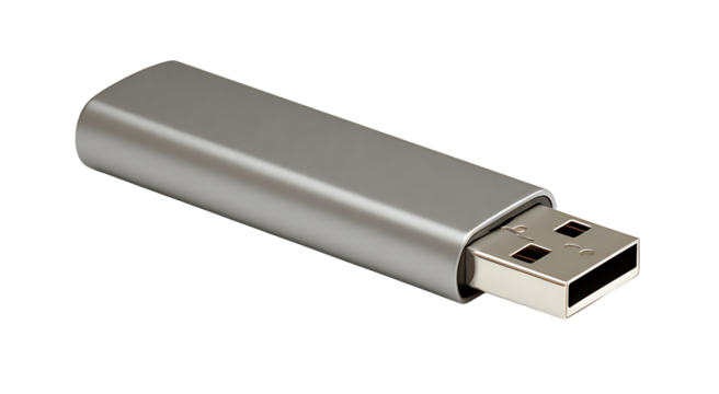 A sleek silver usb flash drive isolated on a dark background