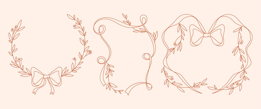Coquette flower and ribbon frames set. Vector illustration of whimsical pink line borders decorated with floral design elements and bows, vintage style wedding invitation decor, elegant girly wreath