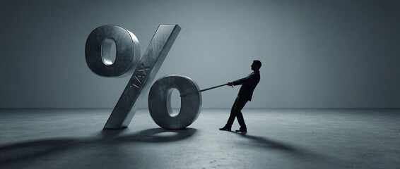 Person Pulled by Giant Tax Symbol in Dramatic Financial Concept