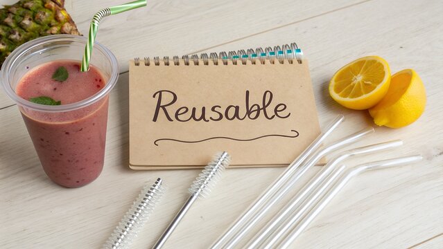 Reusable glass straws and cleaning brush with notebook