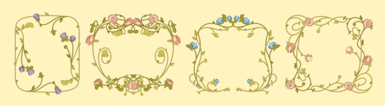 Art nouveau floral frame with elegant vintage border design. Decorative botanical ornaments with intricate leaves, roses and flowing vine patterns. Victorian style flourishes and ornate foliage.