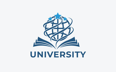 Global University Education Vector Logo Illustration, World Globe with Orbit Swirls, Stars and Open Book