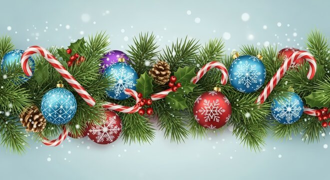 Beautiful Christmas Garland Banner with Pine Branches, Ornaments, Red Berries, Candy Canes and Snowflakes