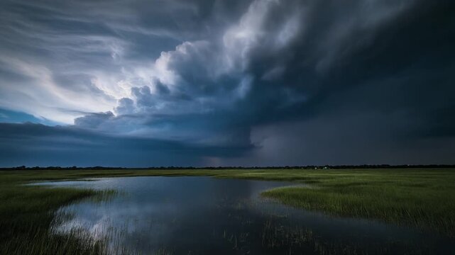 Cinematic storm clouds with lightning strikes reflecting