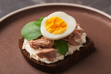 Smørrebrød is traditional delicious Danish snack with tuna, egg, cream cheese on rye bread.