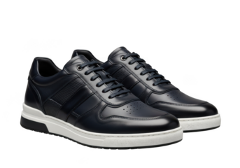 A pair of dark blue leather sneakers with white soles, isolated on transparent background