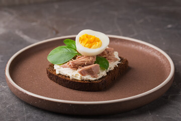 Smørrebrød is traditional delicious Danish snack with tuna, egg, cream cheese, rye bread on ceramic plate.