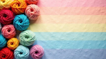 A vibrant collection of colorful yarn balls arranged against a pastel rainbow backdrop, ideal for crafting projects and textile design inspiration.