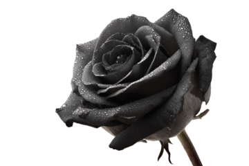 Striking Monochrome Rose with Dew Drops Against Black Background