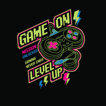 Game On level up neon console typography lettering vector graphic poster.eps
