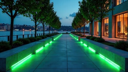 Evening Promenade with Green Illumination, Linear Pathway beside Water, Modern Architecture and Lush Greenery