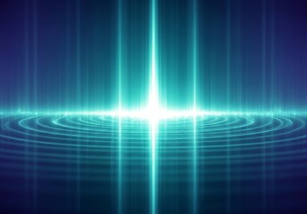 Abstract futuristic background with central glowing teal light, vertical beams, and radiating circular ripples, digital energy concept.