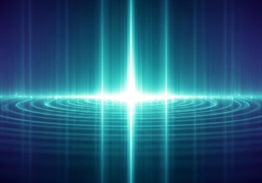 Abstract futuristic background with central glowing teal light, vertical beams, and radiating circular ripples, digital energy concept.